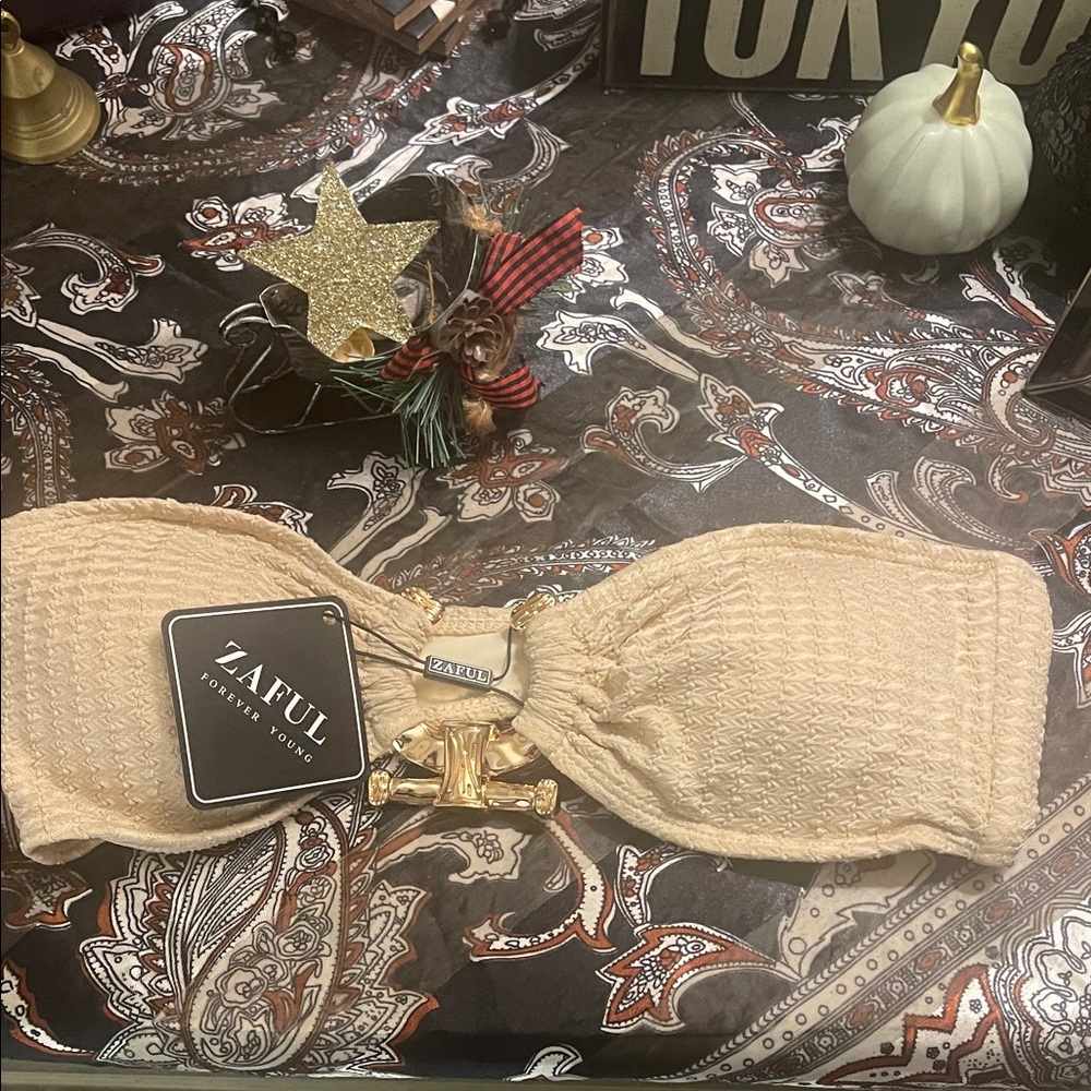 Zaful Cream Textured Bandeau Top